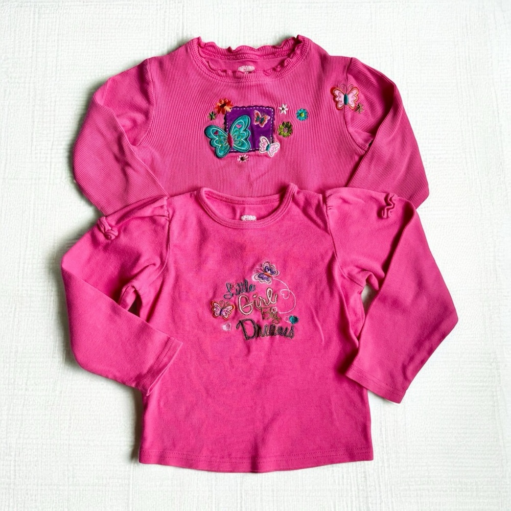 VTG Y2K Pink Floral Embroidered Long Sleeve Tops Toddler Girls 4T Okie Dokie -2